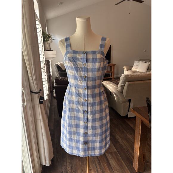 J.Crew Linen Blend Blue White Gingham Check Button Up Lined Sun Dress Sz 4 Midi - Picture 4 of 10